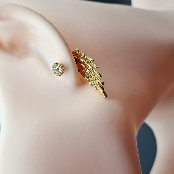 Gold Wing Stud Earrings with Crystal Accent – Angelic Boho Statement Jewelry - Picture 1 of 5